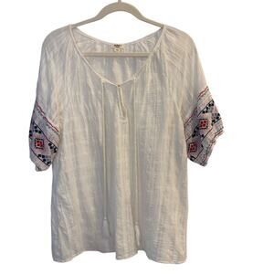 Dylan Medium White Gauze Embroidered Boho Peasant Blouse Tassel Tie Festival